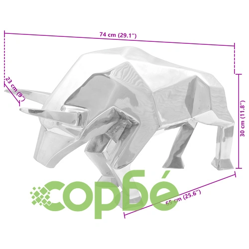 Скулптура на бик от алуминий, сребрист цвят, 74x23x39 см, декоративна фигура ➤ топ цена ➤ sorbe.bg