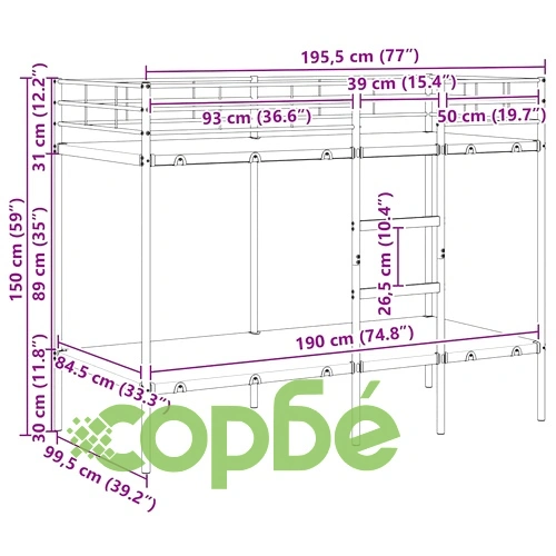 Двуетажно легло от стомана без матрак черно 100x190 см ➤ топ цена ➤ sorbe.bg