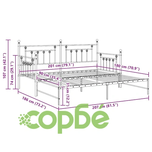Стоманена рамка за легло за ден с допълнително легло бяла 90x200 см ➤ топ цена ➤ sorbe.bg