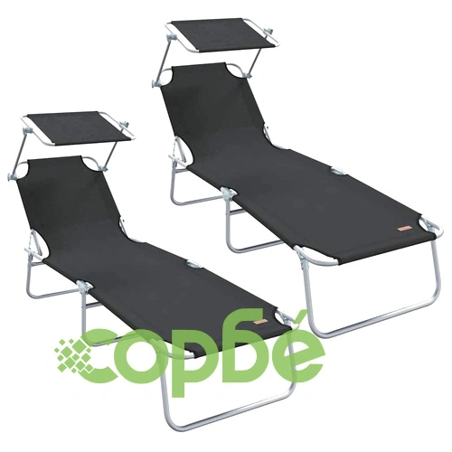 Комплект сгъваеми шезлонги 2 бр с козирка черни 58x188x77 см Oxford текстил ➤ топ цена ➤ sorbe.bg