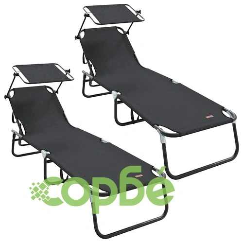 Комплект 2 броя сгъваеми шезлонга с тента черни 56x190x81см 600D Oxford текстил ➤ топ цена ➤ sorbe.bg