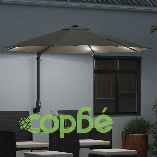 Градински чадър за стена с LED осветление Пясъчен 248 x 248 x 148 см Полиестер и стомана ➤ топ цена ➤ sorbe.bg