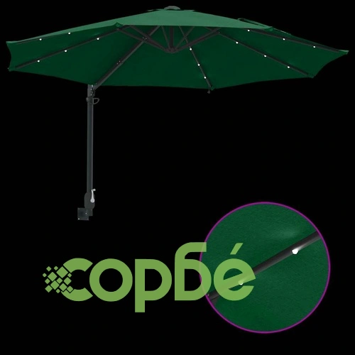 Стенен градински парасол с LED осветление зелен 248 x 248 x 148 см ➤ топ цена ➤ sorbe.bg