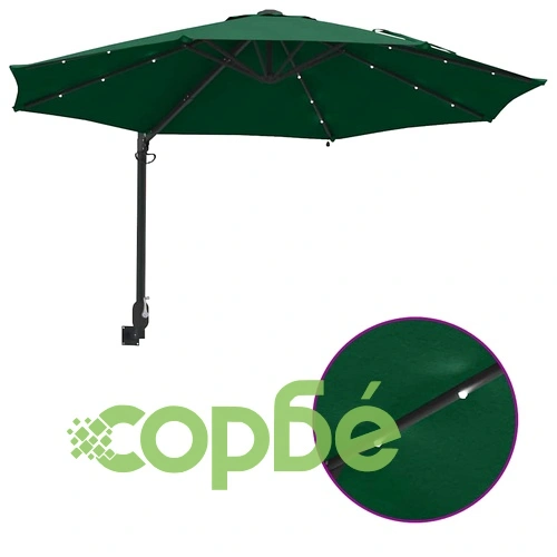 Стенен градински парасол с LED осветление зелен 248 x 248 x 148 см ➤ топ цена ➤ sorbe.bg