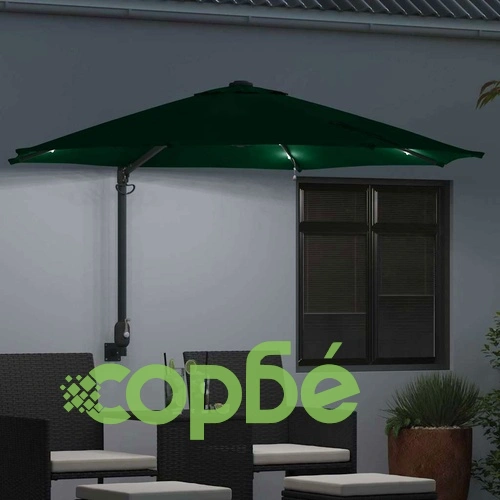 Стенен градински парасол с LED осветление зелен 248 x 248 x 148 см ➤ топ цена ➤ sorbe.bg