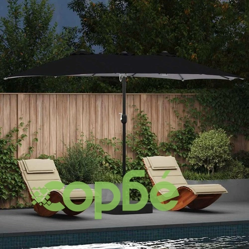 Градински парасол с LED осветление черен 385x209x244 см полиестер ➤ топ цена ➤ sorbe.bg
