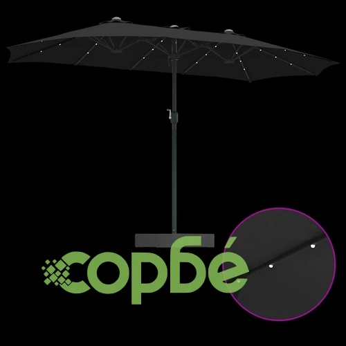 Градински парасол с LED осветление черен 385x209x244 см полиестер ➤ топ цена ➤ sorbe.bg
