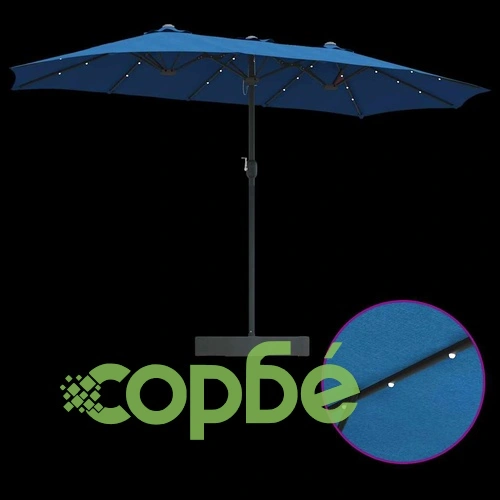 Двустранен градински чадър с LED осветление и пясъчна основа 385x209x244 см синьо текстил ➤ топ цена ➤ sorbe.bg