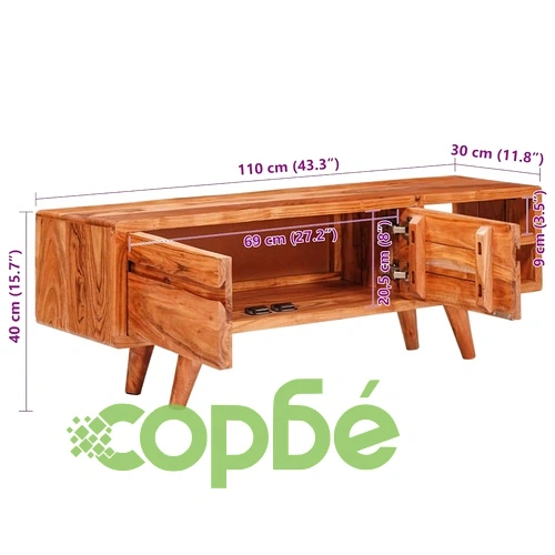 ТВ шкаф с гравирани врати от масивно акациево дърво 110x30x40 см ➤ топ цена ➤ sorbe.bg