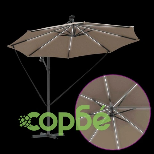 Кантилеверен чадър с LED осветление Таупе 294x294x248 см стомана ➤ топ цена ➤ sorbe.bg