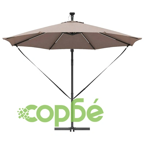 Кантилеверен чадър с LED осветление Таупе 294x294x248 см стомана ➤ топ цена ➤ sorbe.bg