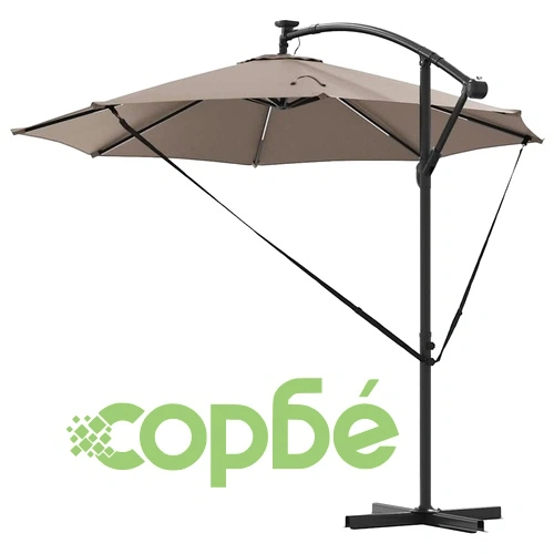Кантилеверен чадър с LED осветление Таупе 294x294x248 см стомана ➤ топ цена ➤ sorbe.bg
