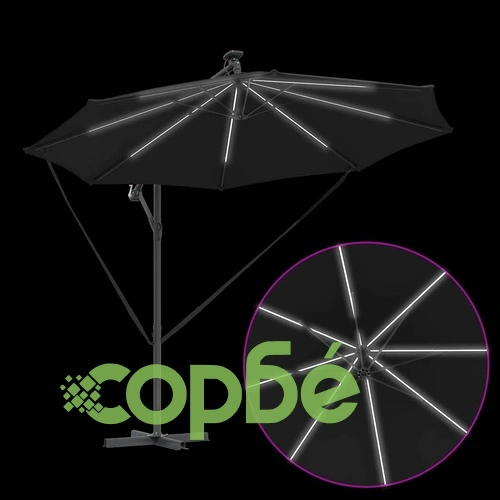 Кантилеверен чадър с LED осветление черен 294 x 294 x 248 см стомана ➤ топ цена ➤ sorbe.bg