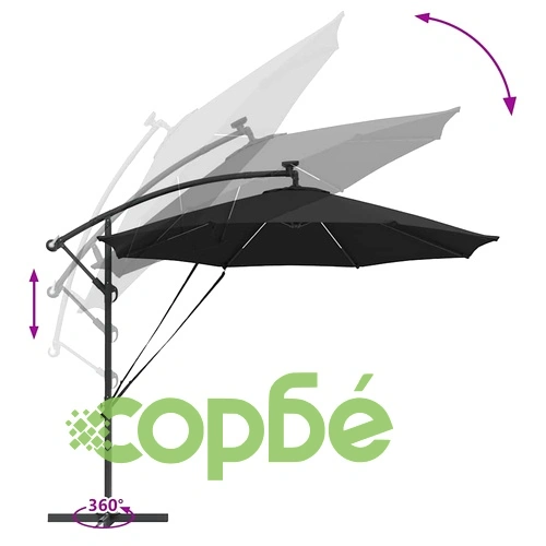 Кантилеверен чадър с LED осветление черен 294 x 294 x 248 см стомана ➤ топ цена ➤ sorbe.bg