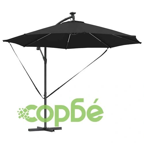 Кантилеверен чадър с LED осветление черен 294 x 294 x 248 см стомана ➤ топ цена ➤ sorbe.bg
