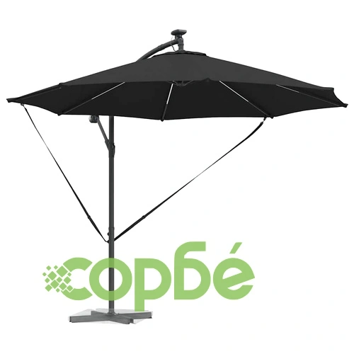 Кантилеверен чадър с LED осветление черен 294 x 294 x 248 см стомана ➤ топ цена ➤ sorbe.bg