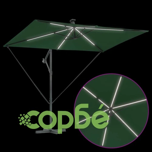 Кантилевер чадър с LED осветление зелен 294x200x254 см стомана ➤ топ цена ➤ sorbe.bg