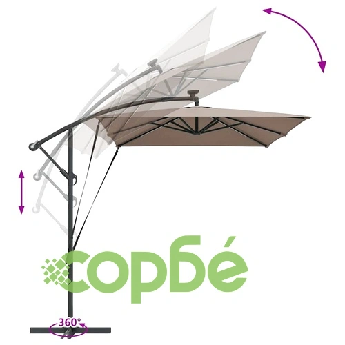 Кантилевер чадър с LED осветление Таупе 294x200x254 см от стомана ➤ топ цена ➤ sorbe.bg