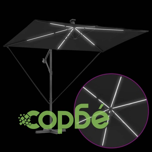 Кантилеверен чадър с LED осветление черен 294 x 200 x 254 см стомана ➤ топ цена ➤ sorbe.bg
