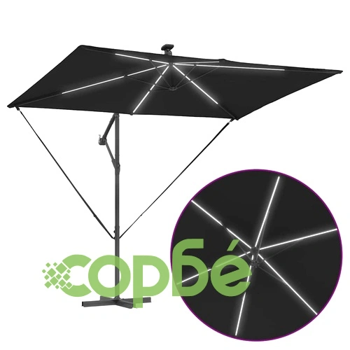 Кантилеверен чадър с LED осветление черен 294 x 200 x 254 см стомана ➤ топ цена ➤ sorbe.bg