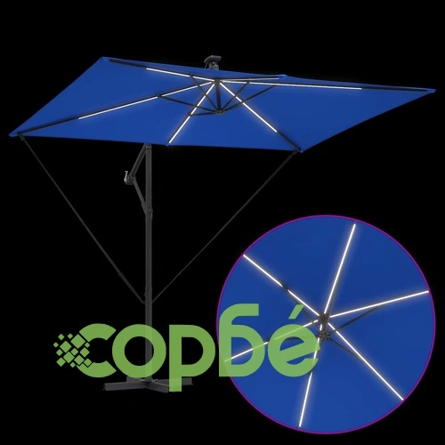 Кантилеверен чадър с LED осветление син 294 x 200 x 254 см стомана ➤ топ цена ➤ sorbe.bg