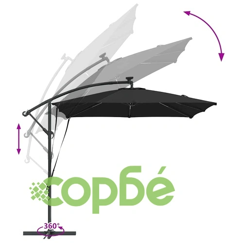 Кантилеверен чадър с LED осветление черен 249x249x250 см стомана ➤ топ цена ➤ sorbe.bg