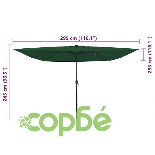 Градински парасол с LED осветление 295x295x245 см зелен и черен ➤ топ цена ➤ sorbe.bg