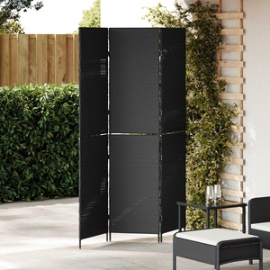 Пространствен разделител от полиратан, 3 панела, сгъваем, черен, 146x180 см