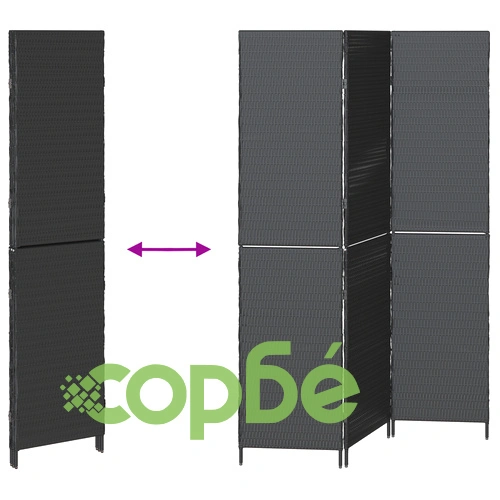 Пространствен разделител от полиратан, 3 панела, сгъваем, черен, 146x180 см ➤ топ цена ➤ sorbe.bg