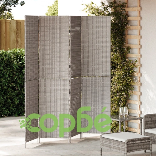 Сгъваем Параван за Стая с 4 Панела от Поли Ратан в Сив Цвят 195x180 см ➤ топ цена ➤ sorbe.bg