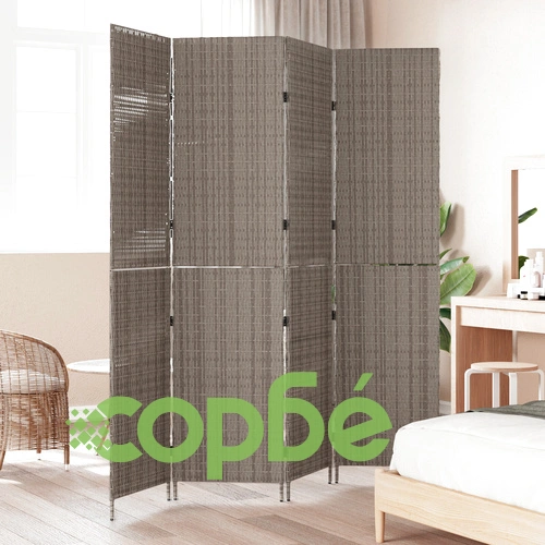 Сгъваем Параван за Стая с 4 Панела от Поли Ратан в Сив Цвят 195x180 см ➤ топ цена ➤ sorbe.bg