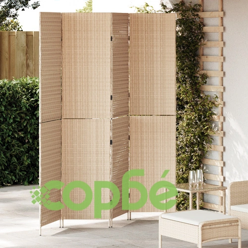 Дървен Параван за Стая с 4 Панела от Плат в Бежов Цвят, 200 см Височина ➤ топ цена ➤ sorbe.bg