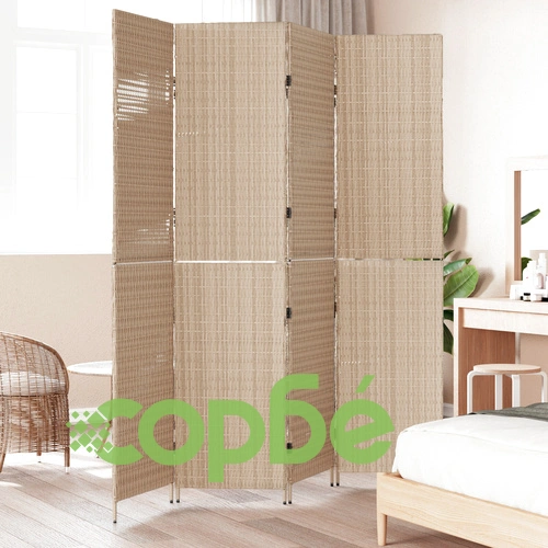 Дървен Параван за Стая с 4 Панела от Плат в Бежов Цвят, 200 см Височина ➤ топ цена ➤ sorbe.bg