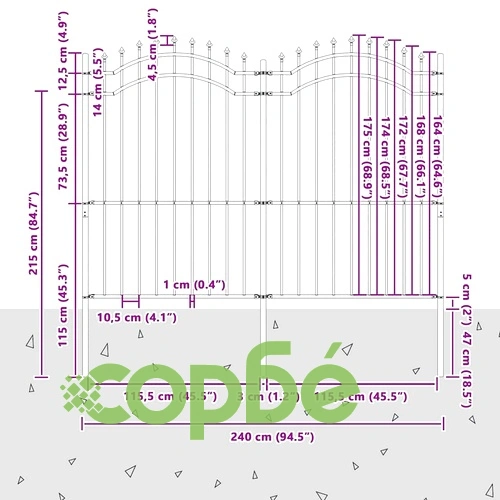 Градинска ограда със заострени върхове сива 215 cm прахово покритие стомана ➤ топ цена ➤ sorbe.bg