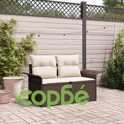 Градински диван за двама с възглавници от полиратан - кафяв, 141 x 61.5 x 69 см ➤ топ цена ➤ sorbe.bg