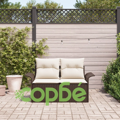 Градински диван за двама с възглавници от полиратан - кафяв, 141 x 61.5 x 69 см ➤ топ цена ➤ sorbe.bg