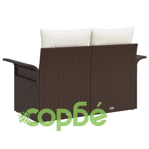 Градински диван за двама с възглавници от полиратан - кафяв, 141 x 61.5 x 69 см ➤ топ цена ➤ sorbe.bg