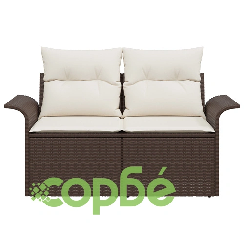 Градински диван за двама с възглавници от полиратан - кафяв, 141 x 61.5 x 69 см ➤ топ цена ➤ sorbe.bg