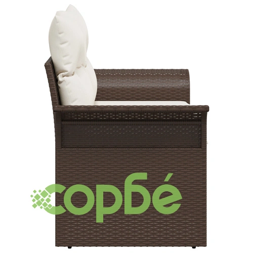 Градински диван за двама с възглавници от полиратан - кафяв, 141 x 61.5 x 69 см ➤ топ цена ➤ sorbe.bg