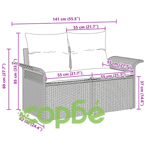 Градински диван за двама с възглавници от полиратан - кафяв, 141 x 61.5 x 69 см ➤ топ цена ➤ sorbe.bg