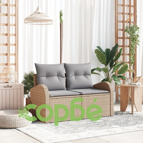 Градински диван от полиратан с две места, място за съхранение и възглавници - Бежов ➤ топ цена ➤ sorbe.bg