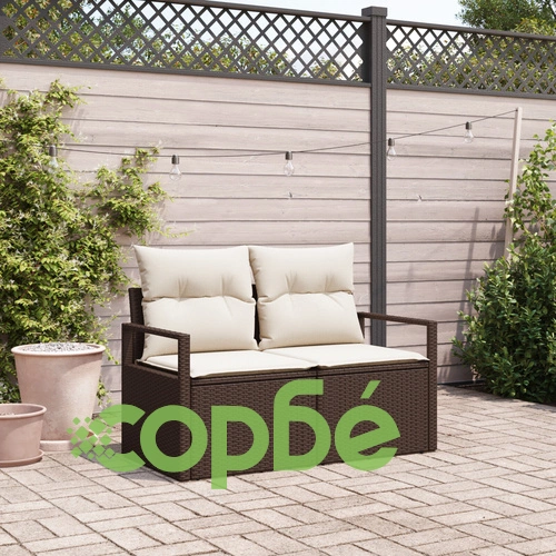 Двуместен градински диван от полиратан с възглавници в кафяв цвят, 120 x 62 x 69 см ➤ топ цена ➤ sorbe.bg