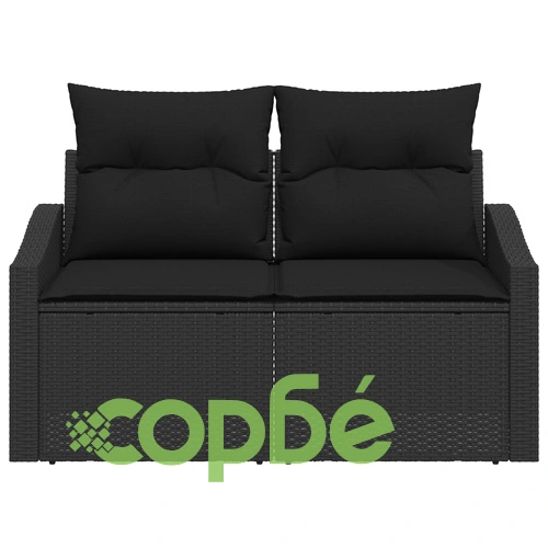 Градински диван с две места от полиротан в черно с възглавници, 123 x 62 x 69 см ➤ топ цена ➤ sorbe.bg