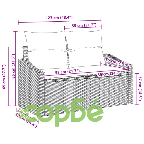Градински диван с две места от полиротан в черно с възглавници, 123 x 62 x 69 см ➤ топ цена ➤ sorbe.bg