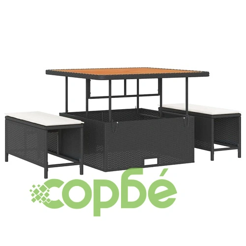 Комплект за хранене в градината 3 части черен полиратан с възглавници ➤ топ цена ➤ sorbe.bg