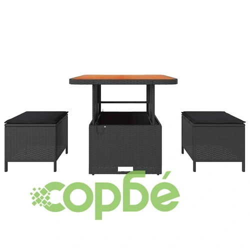 Градински комплект за хранене 3 части от полиратан и акация - черен ➤ топ цена ➤ sorbe.bg