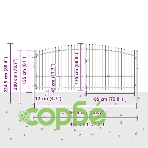 Двойна порта WOERDEN с връх на копие 400 x 175 см, стомана, сиво, с ключалка ➤ топ цена ➤ sorbe.bg