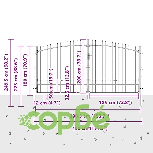 Градинска врата от стомана с копиевидни върхове сива 200x400 см с ключалка ➤ топ цена ➤ sorbe.bg