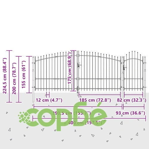 Градинска врата с връх тип копие WOERDEN, 175 x 400 см, стомана, черна, с ключалка ➤ топ цена ➤ sorbe.bg