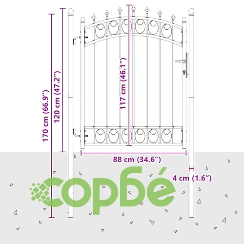 Оградна врата с шипове и заключване от стомана сива 104x180 см ➤ топ цена ➤ sorbe.bg